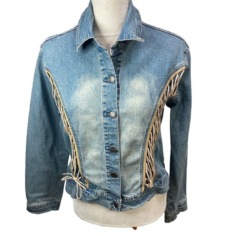 Pristine USA Denim Jeans Jacket Leather Lace Size XL 100% Cotton Light Wash‎